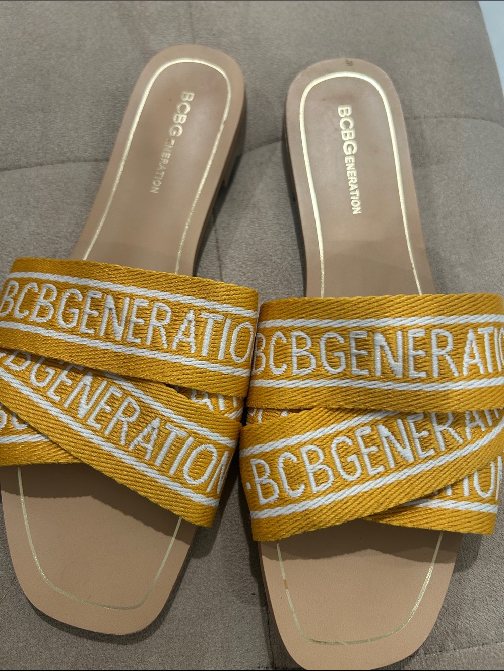 BCBGeneration Yellow Logo Band Slide Sandals